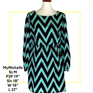 MyMichelle geometric prints turquoise black long sleeve elastic waist dress Sz M